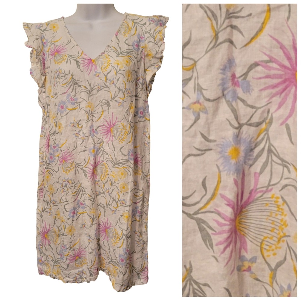 Joie Linen Floral Print Dress Sleeveless Ruffle V Neck S Shift Summer‎ Cruise